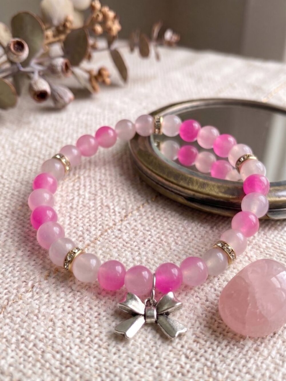 3/$20 New Handmade Pink Gradient Glass Beaded Stretch Bracelet Silver Bow Charm
